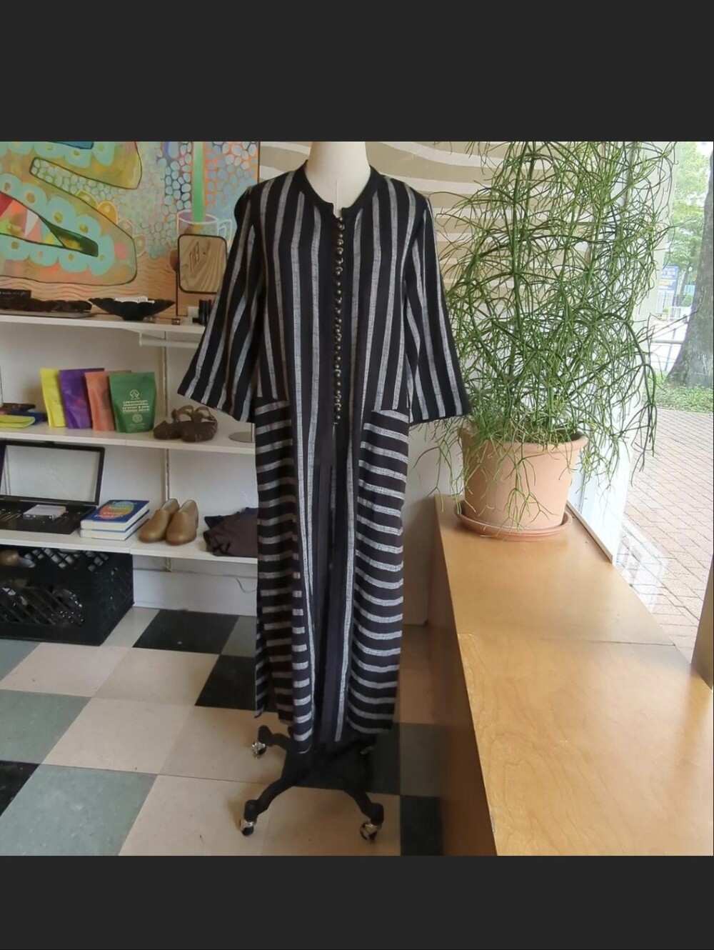 Black & gray striped maxi duster cover up/dress Size Small